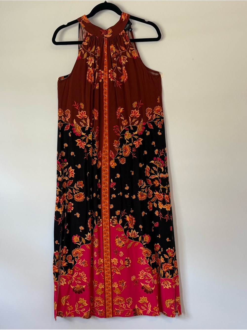 MSK Floral Halter Maxi Dress in Rust, Black & Pink size L